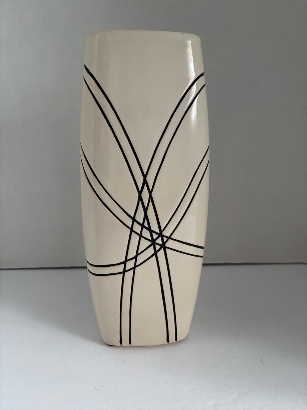 Norcal Creamy White Black Geometric Lines Ceramic 10” Vase Modern Home Accent - Picture 1 of 9